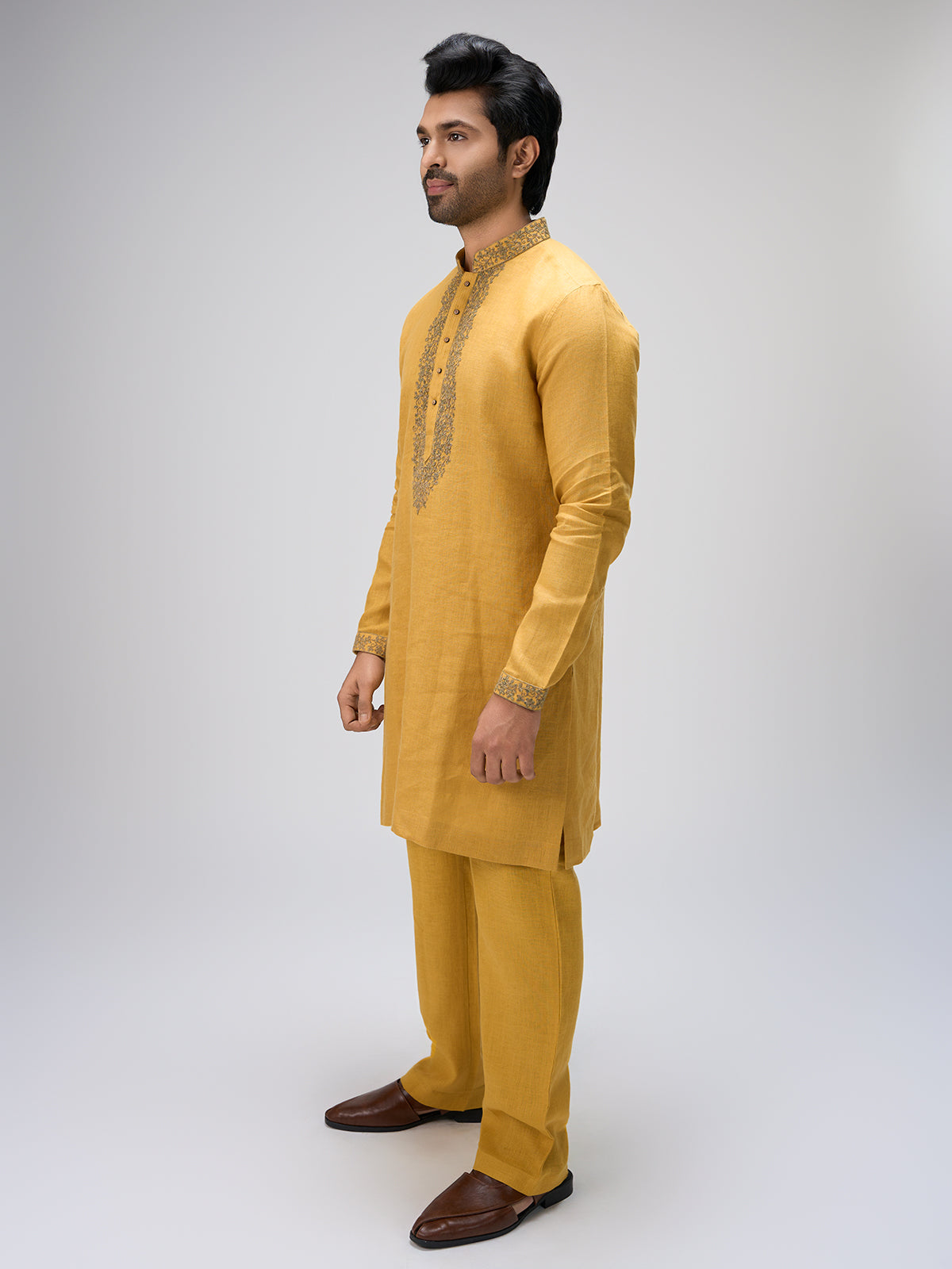 Mustard crafted thread kurta suit men