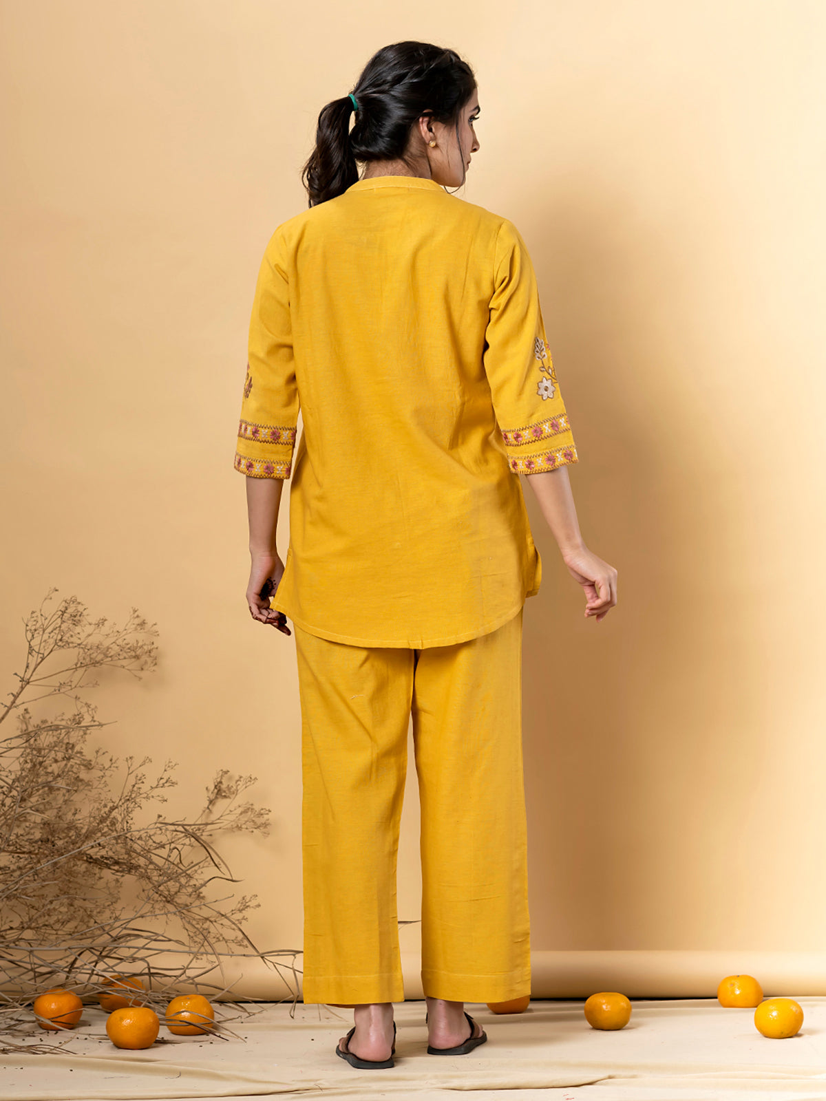 Mustard yellow cotton silk embroidered co ord set