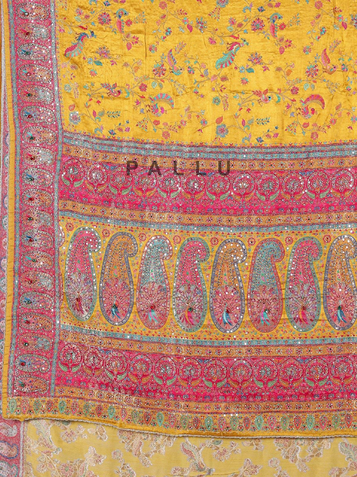 Mustard yellow modal silk saree with colorful motifs