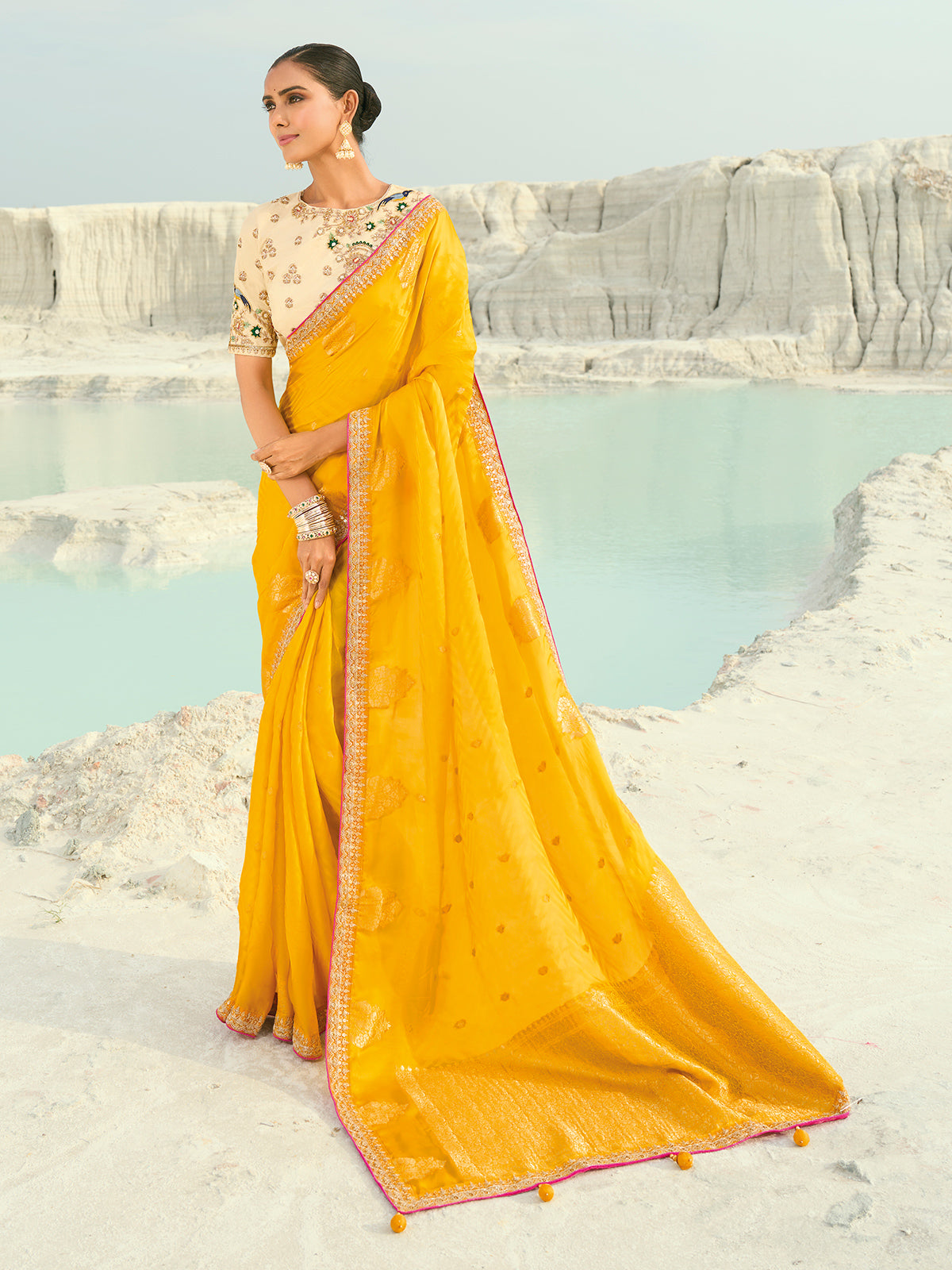 Mustard yellow organza viscose satin saree for haldi