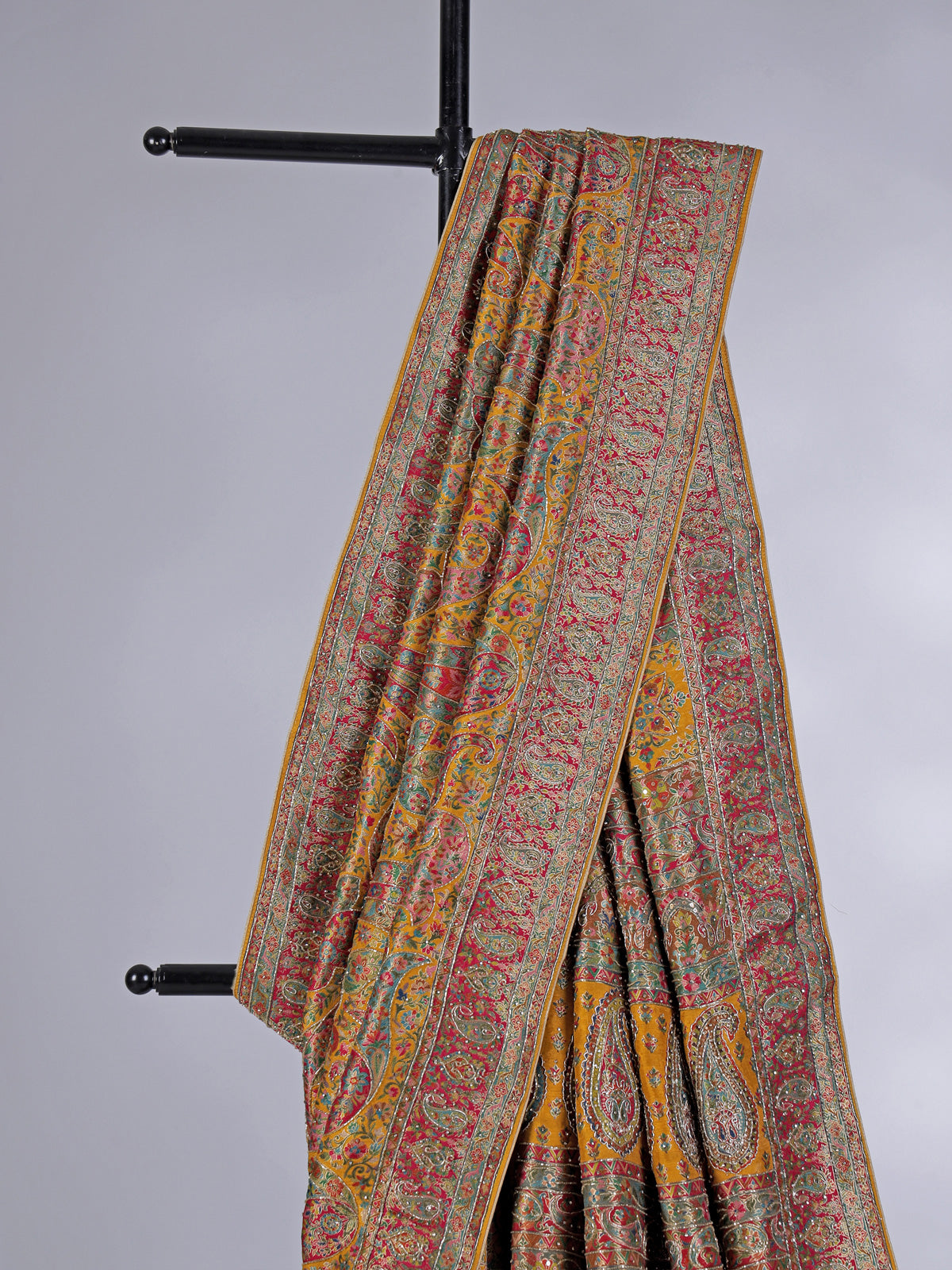 Mustard yellow pashmina silk motif work haldi saree