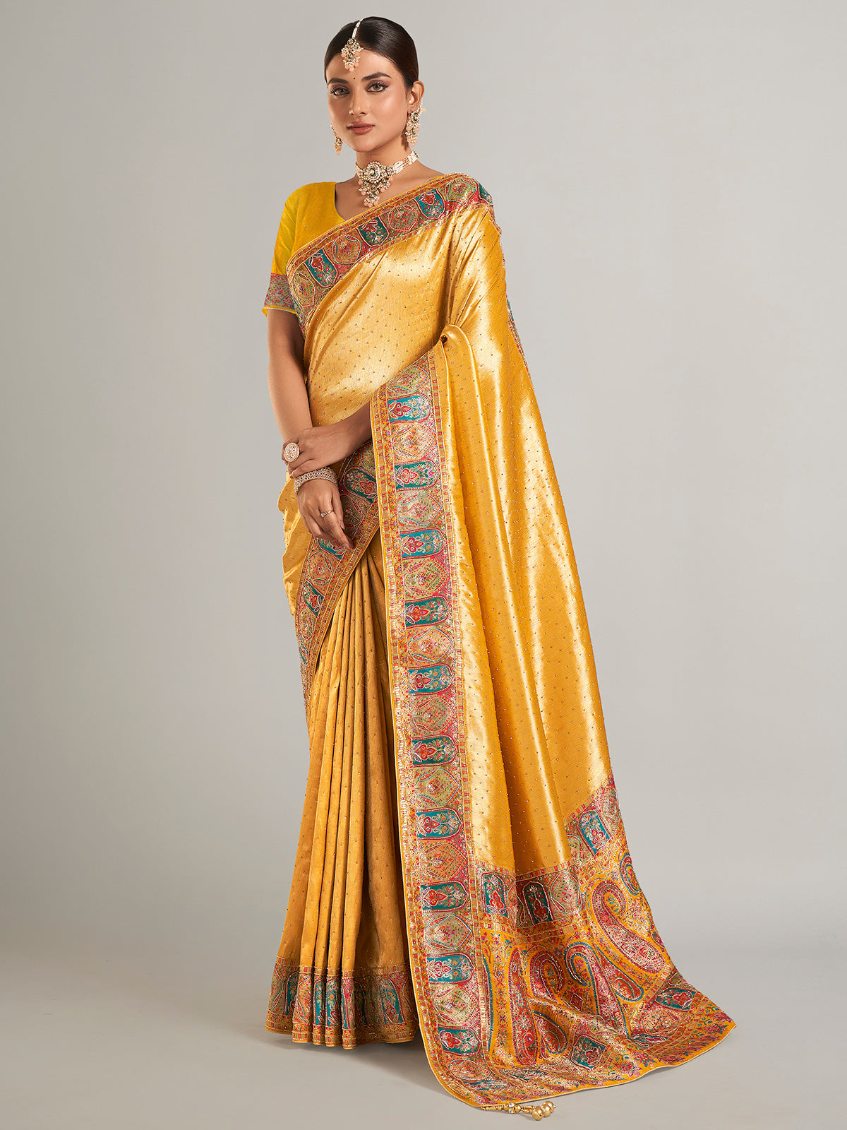 Mustard yellow pashmina silk saree for wedding
