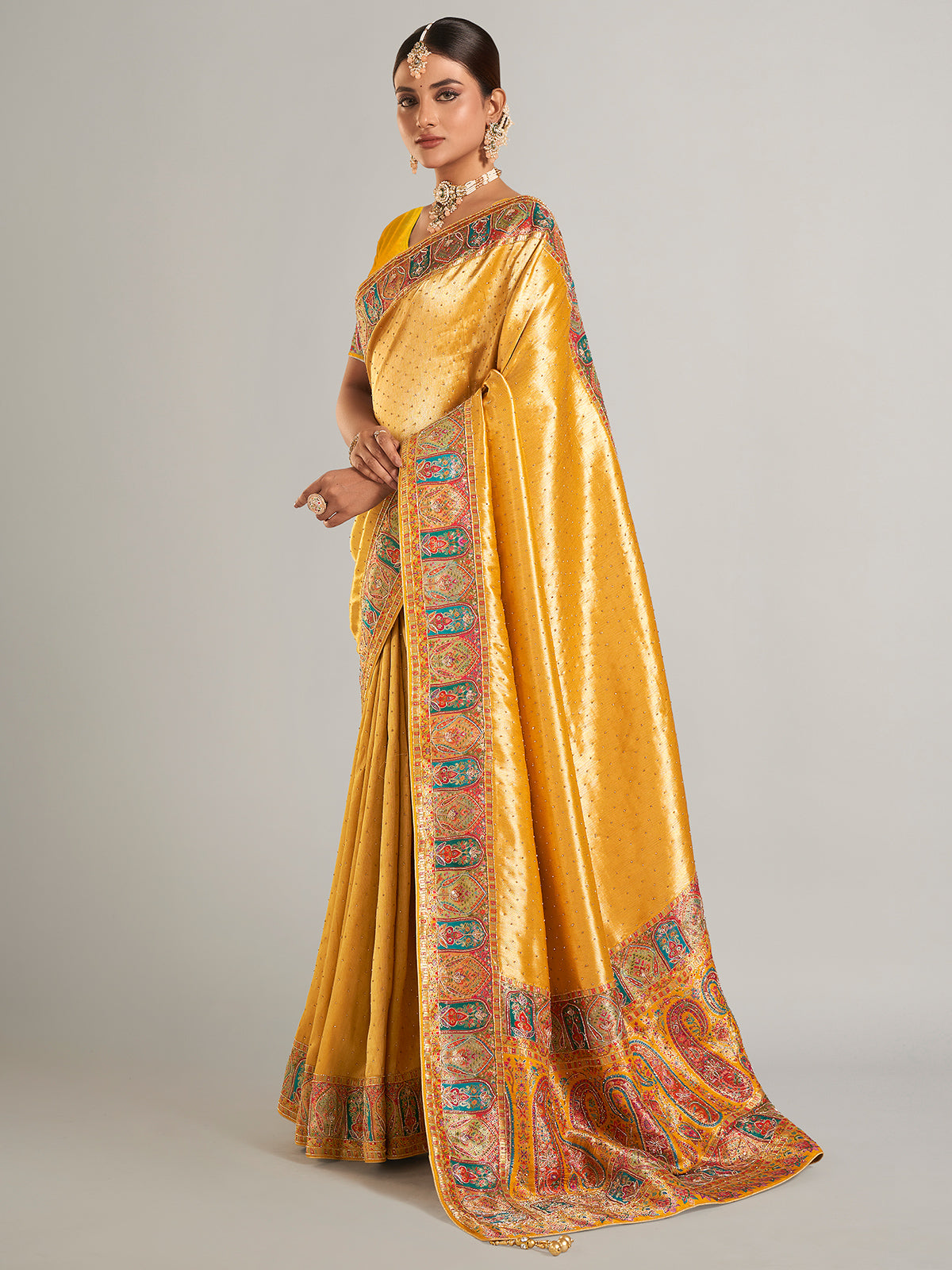 Mustard yellow pashmina silk saree for wedding