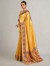 Mustard yellow pashmina silk saree for wedding