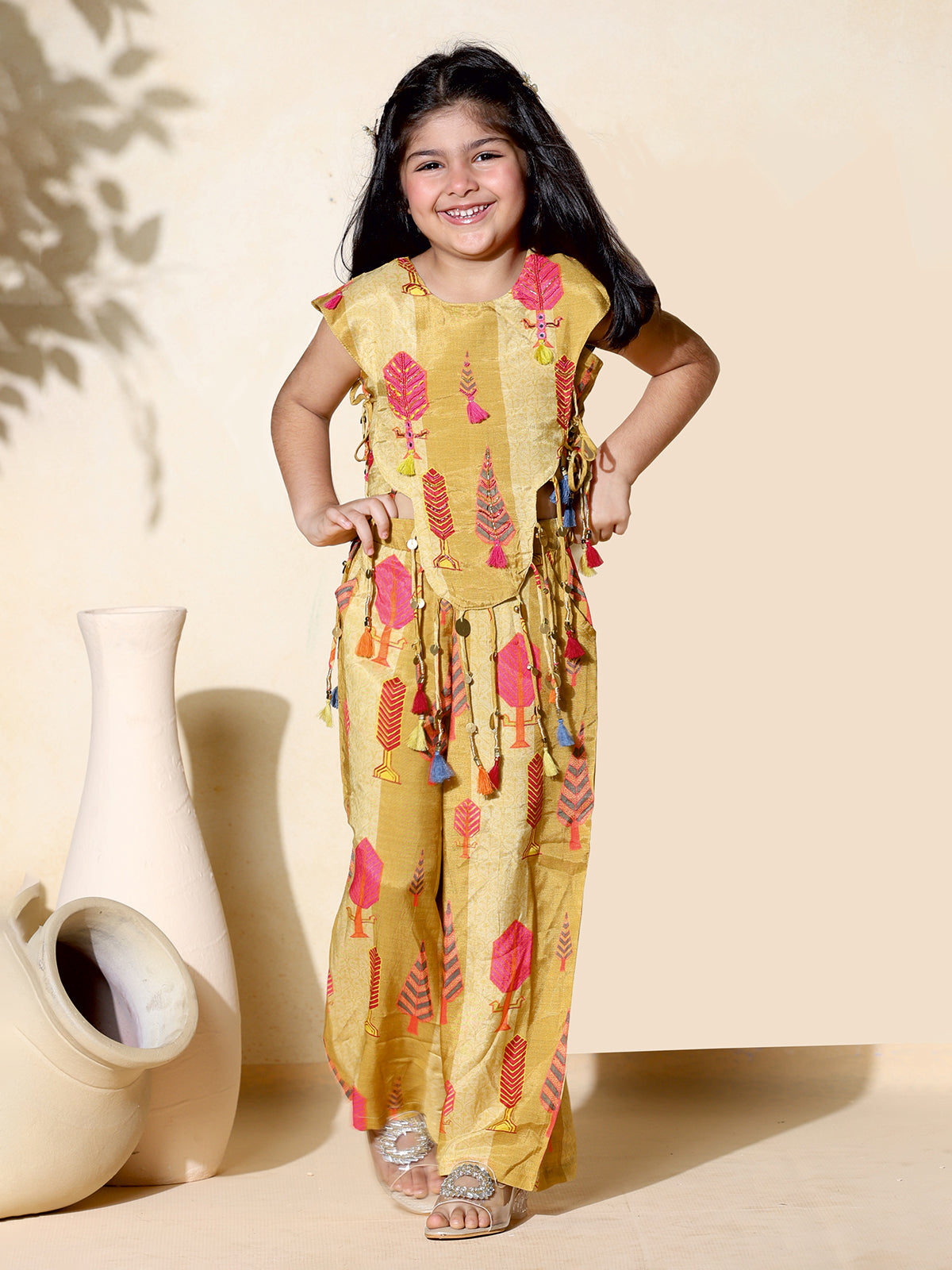 Mustard yellow printed co-ord set with aabla work