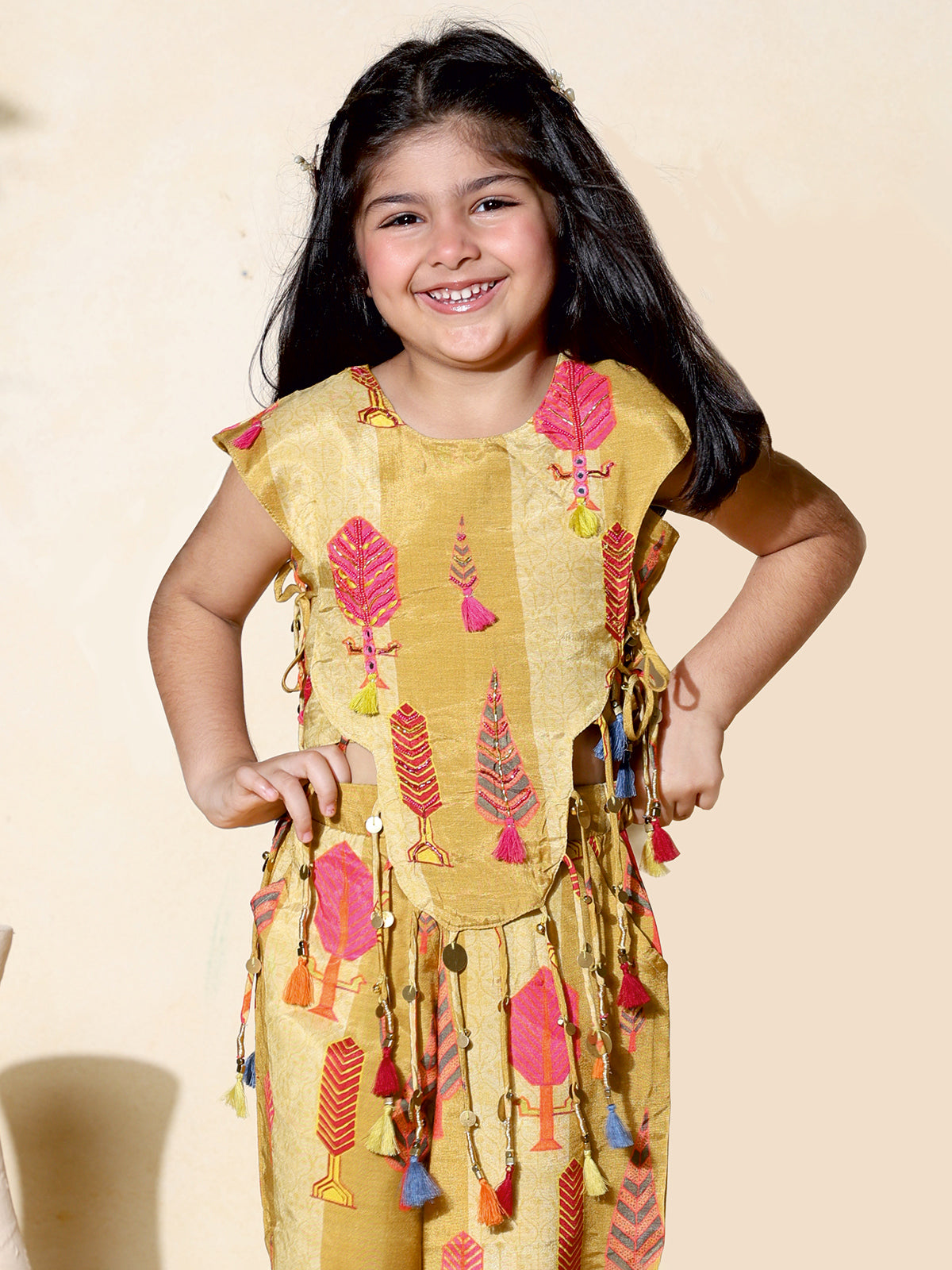 Mustard yellow printed co-ord set with aabla work