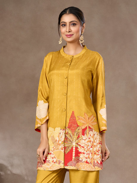 Mustard yellow printed crepe silk co-ord set