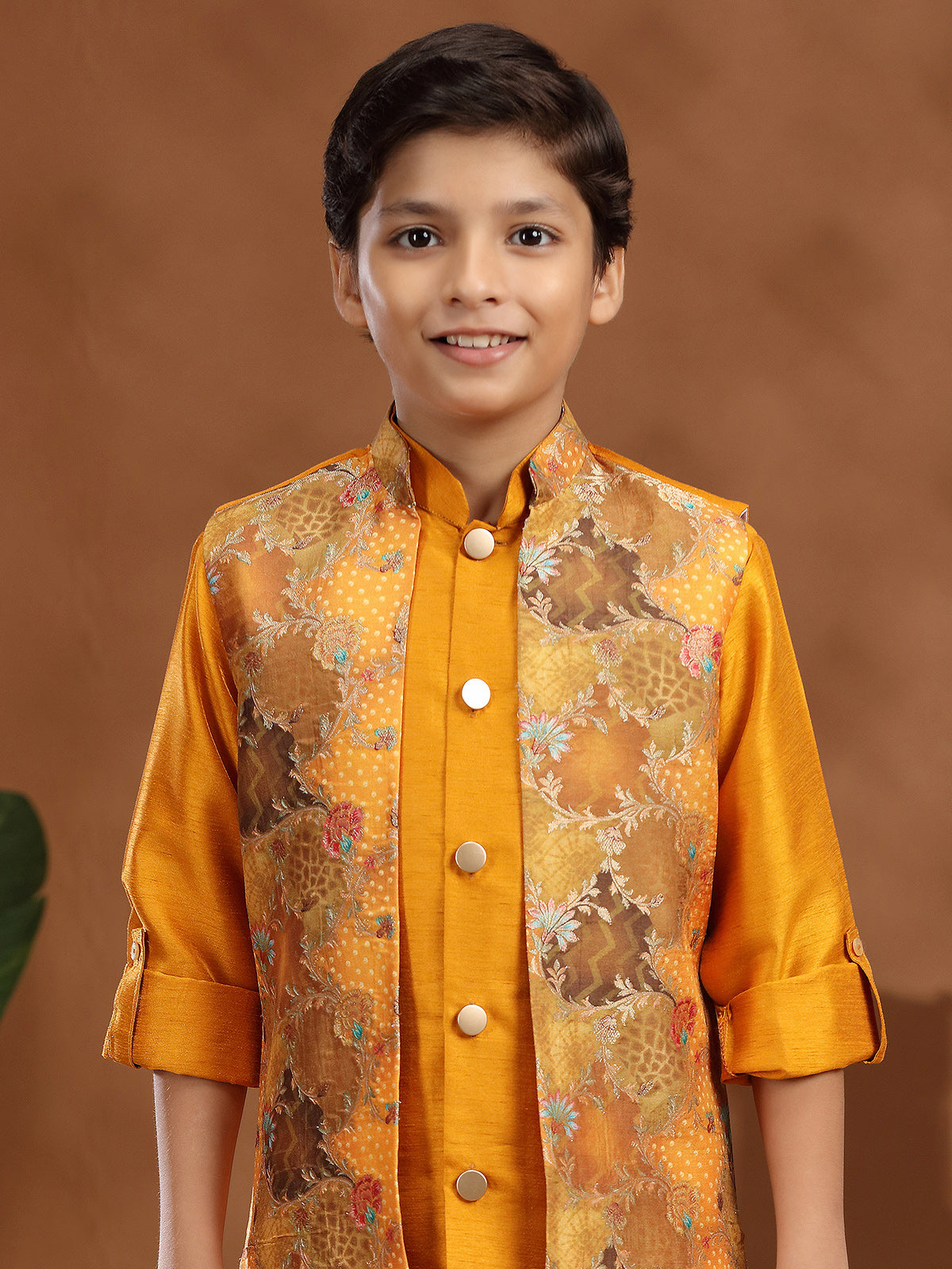 Mustard yellow raw silk zari weaving waistcoat set