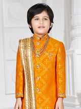 Mustard yellow silk embroidery indowestern