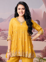 Mustard yellow silk quarter sleeve palazzo suit