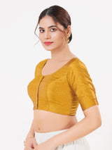 Mustard yellow tafeta silk zari open blouse