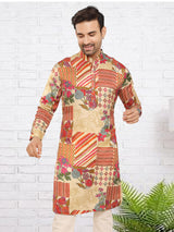 Natural beige printed trendy silk kurta