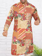 Natural beige printed trendy silk kurta
