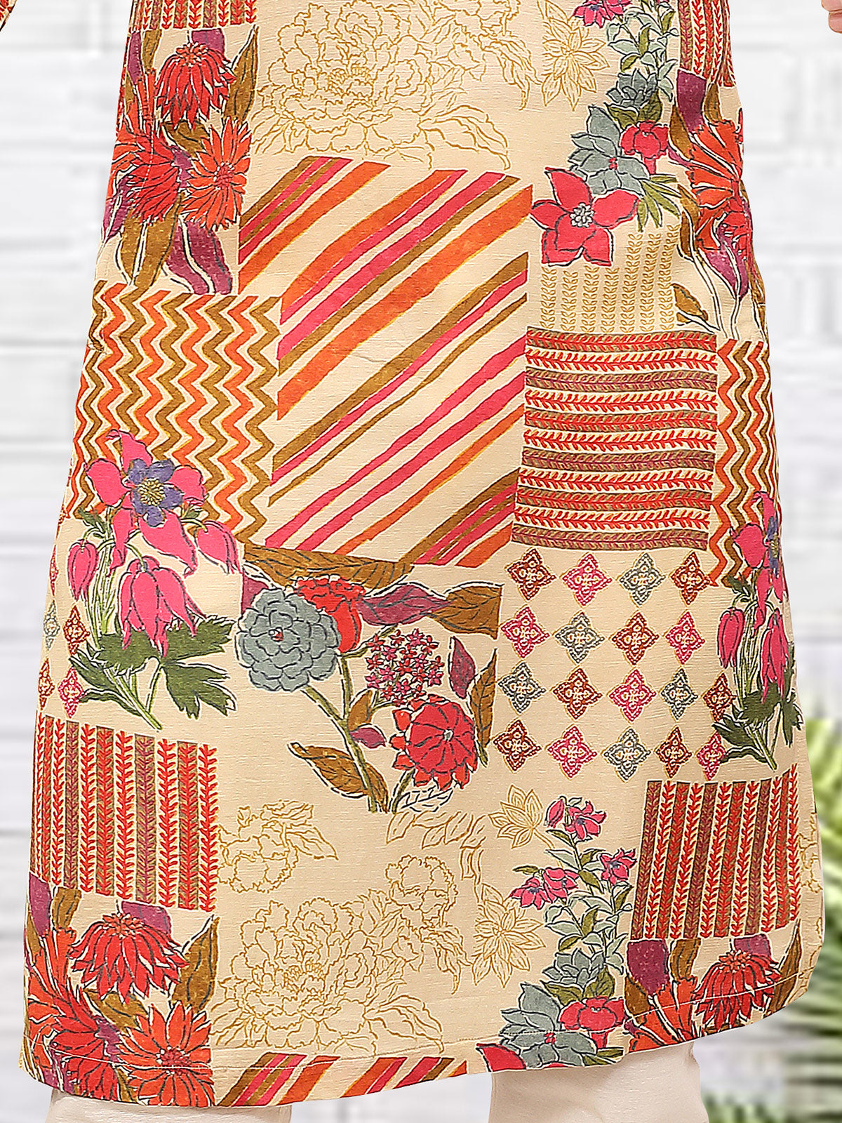 Natural beige printed trendy silk kurta