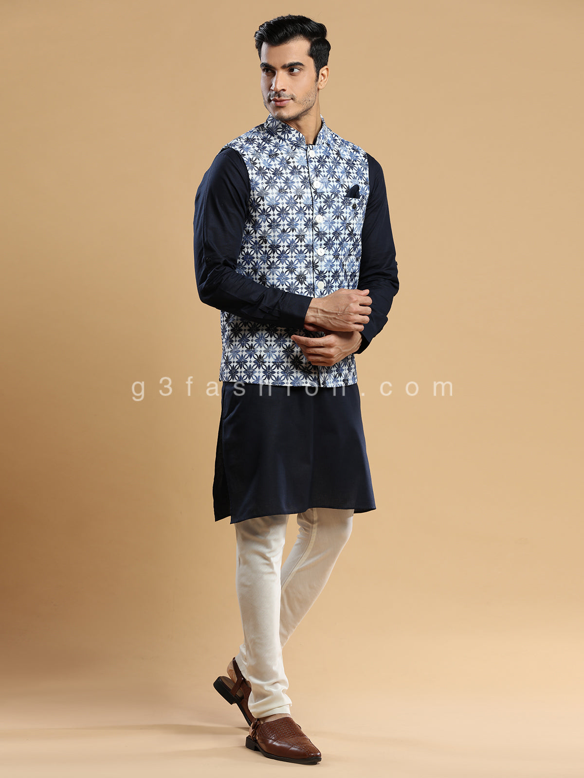 Navy and cream festive wear waistcoat set in silk