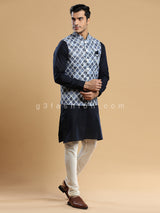 Navy and cream festive wear waistcoat set in silk