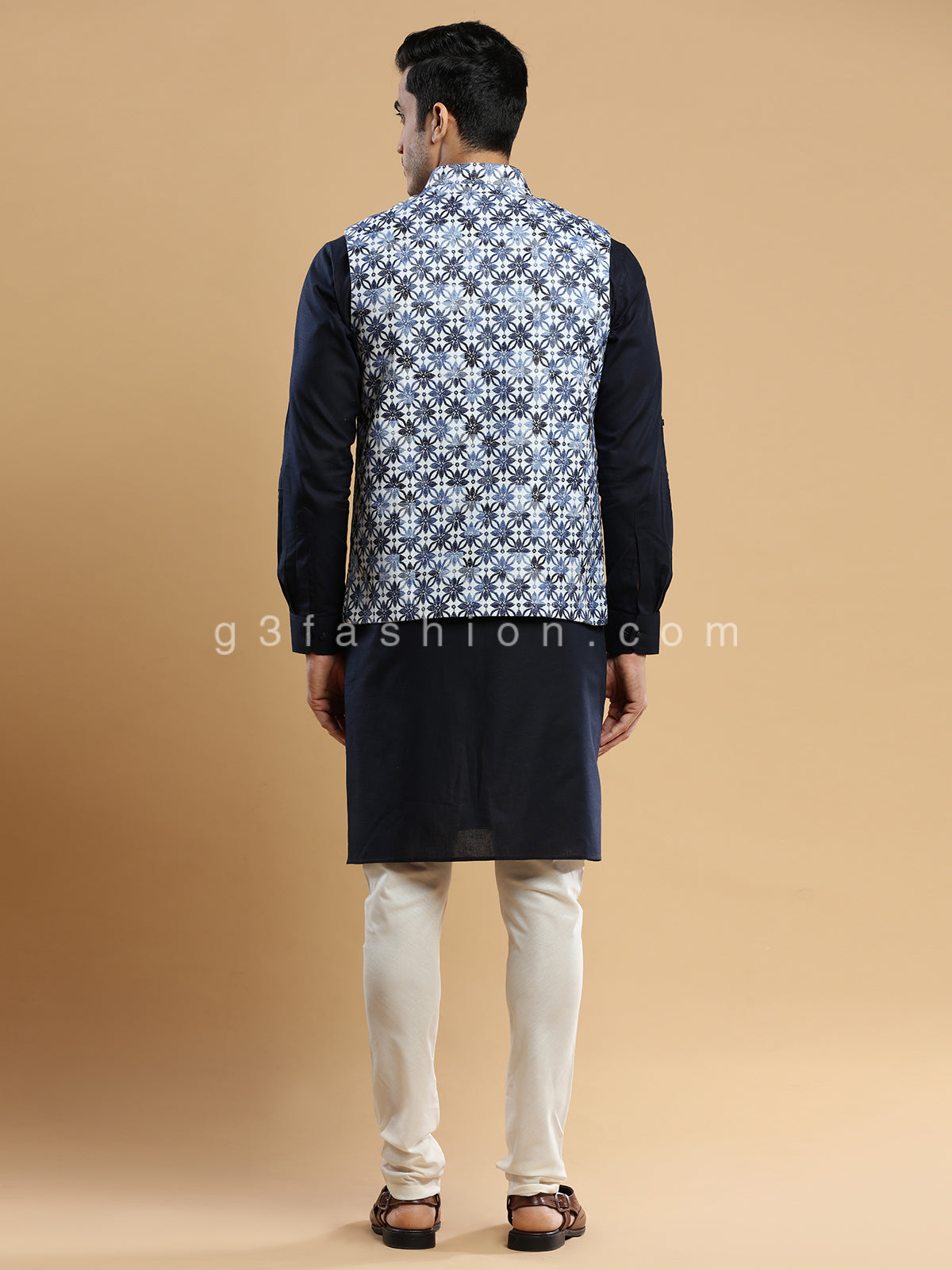 Navy and cream festive wear waistcoat set in silk