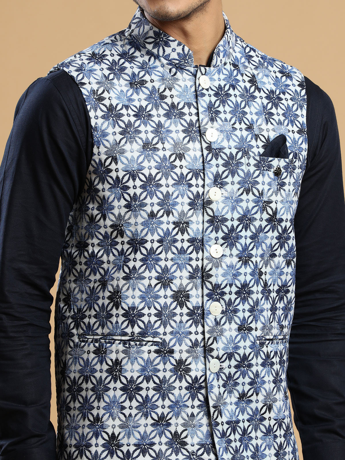 Navy and cream festive wear waistcoat set in silk
