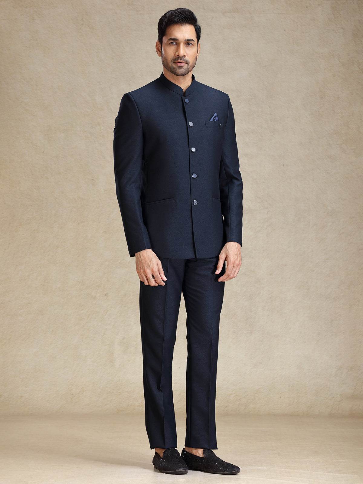 Navy bandh gala style terry rayon jacket suit