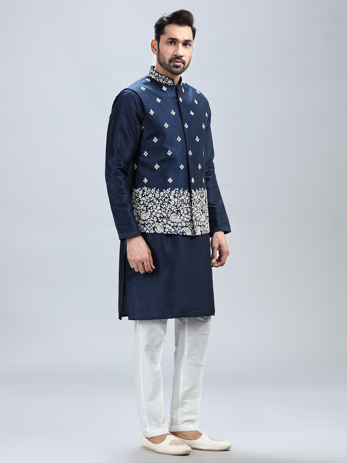 Navy blue silk waistcoat set for men