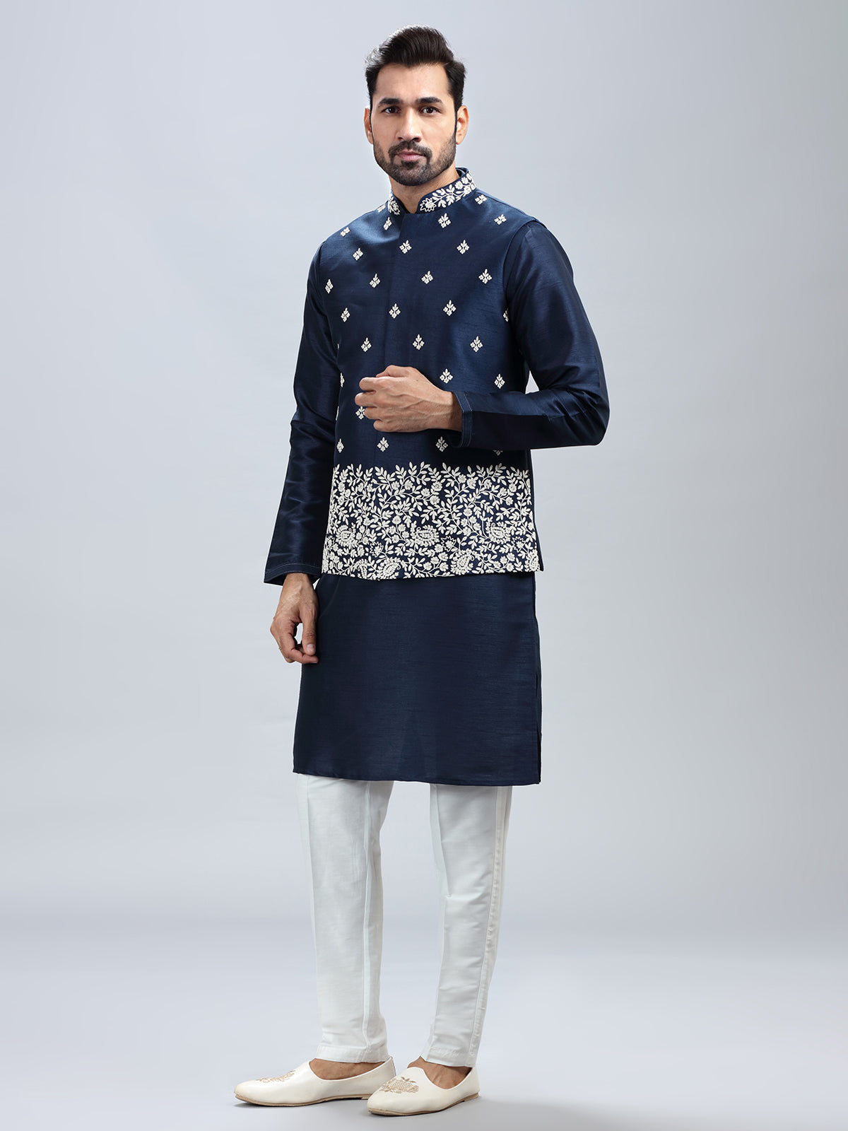 Navy blue silk waistcoat set for men