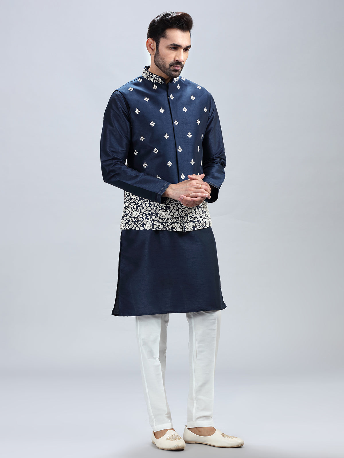 Navy blue silk waistcoat set for men