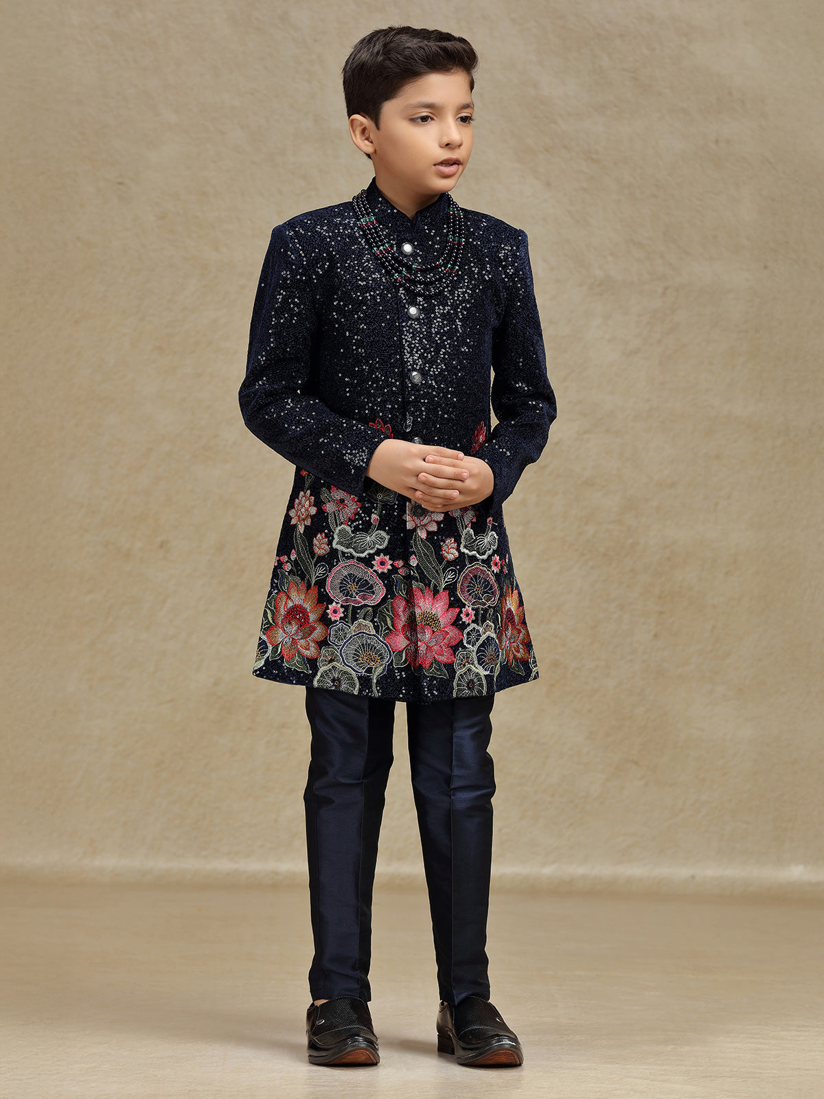 Navy boys indo western set in velvet