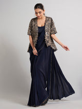 Navy chinon silk ready-to-wear saree with festive sparkle