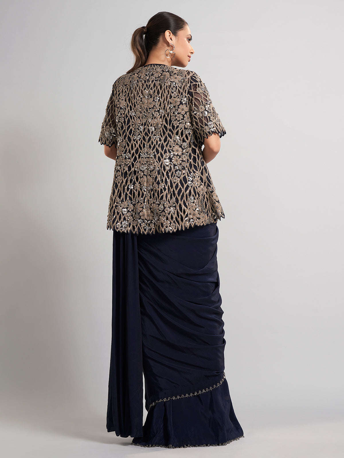 Navy chinon silk ready-to-wear saree with festive sparkle
