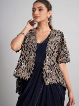 Navy chinon silk ready-to-wear saree with festive sparkle