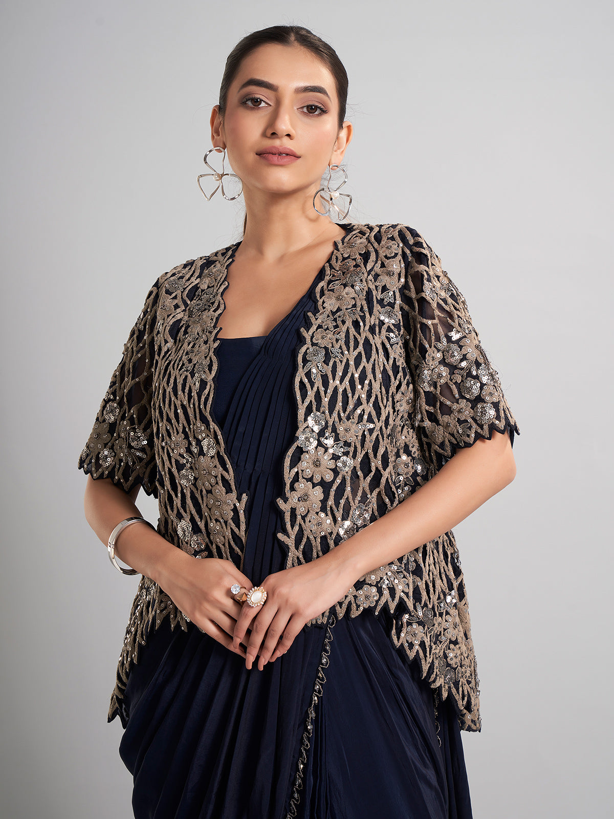 Navy chinon silk ready-to-wear saree with festive sparkle