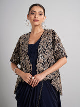 Navy chinon silk ready-to-wear saree with festive sparkle