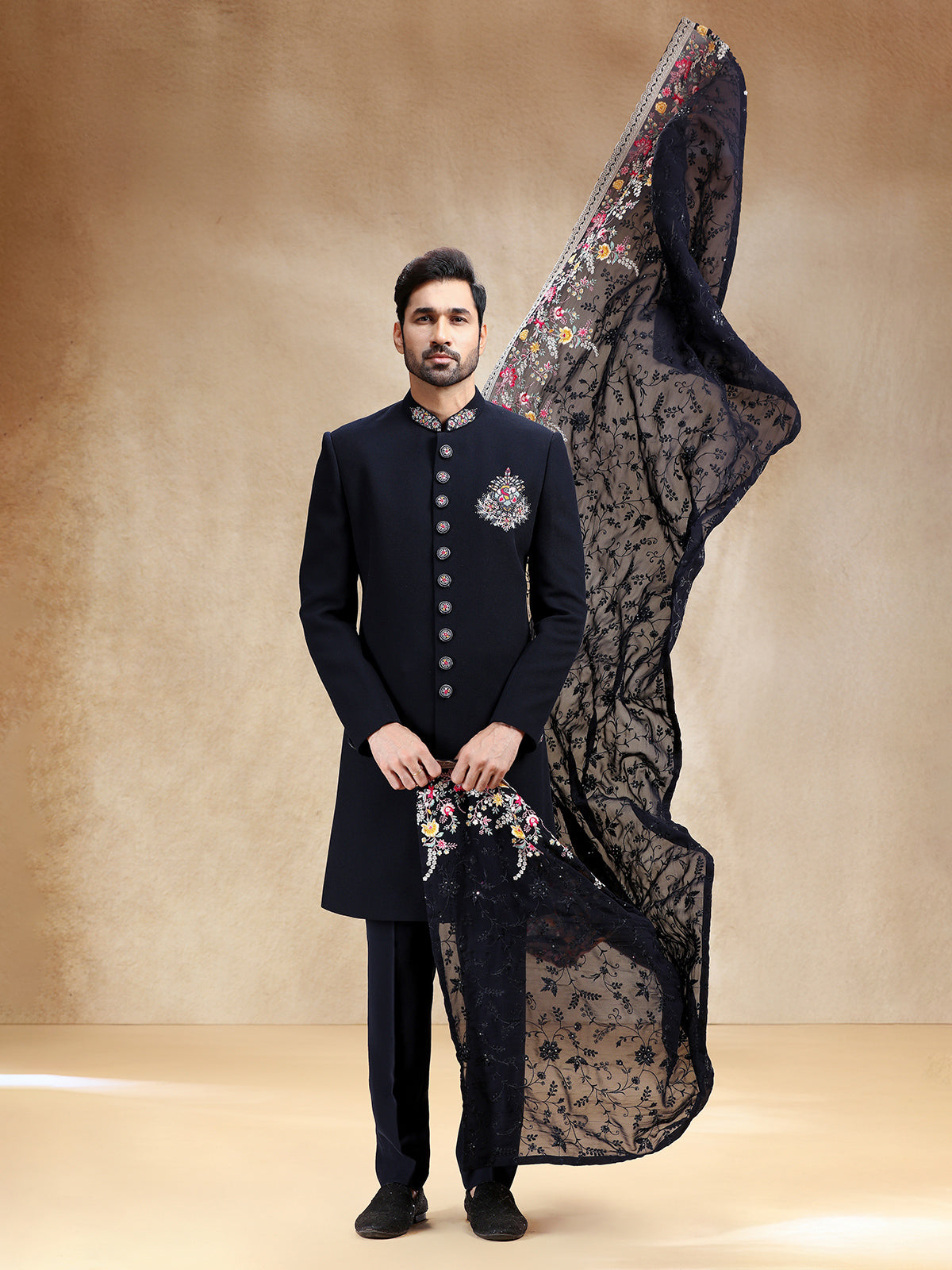 Navy indowestern set in terry rayon with dupatta