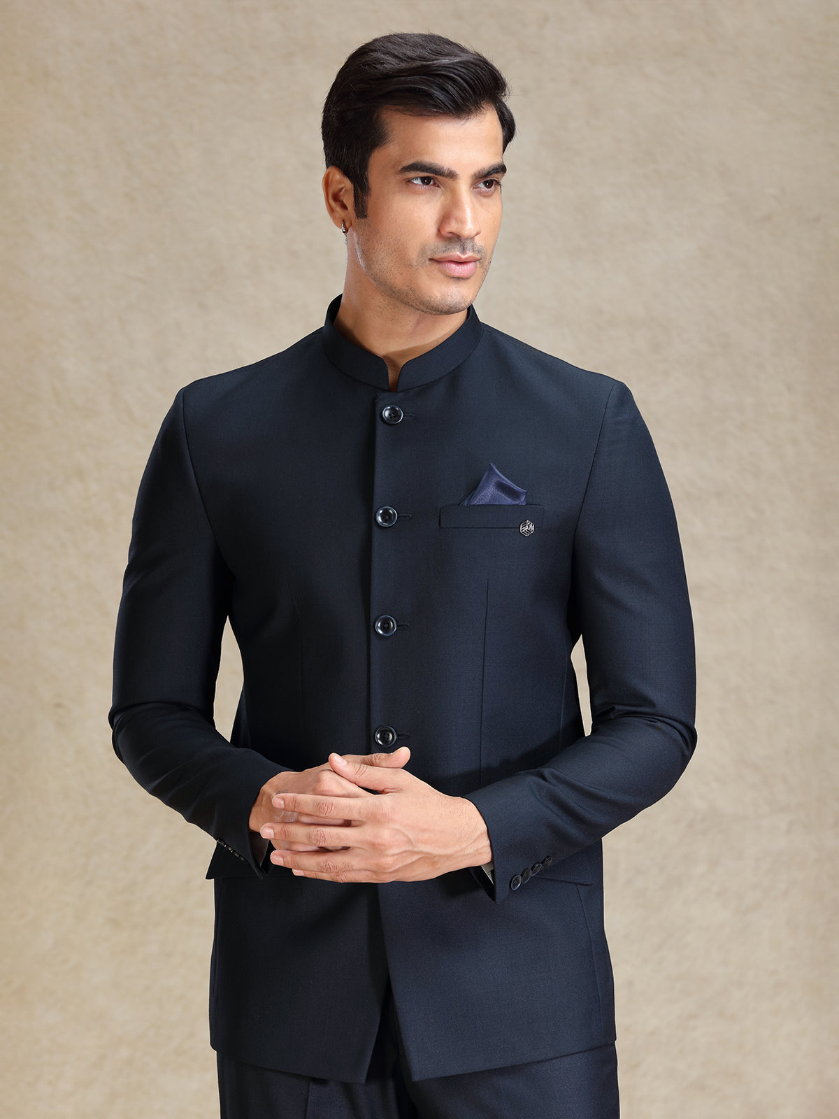 Navy jodhpuri suit in soft terry rayon