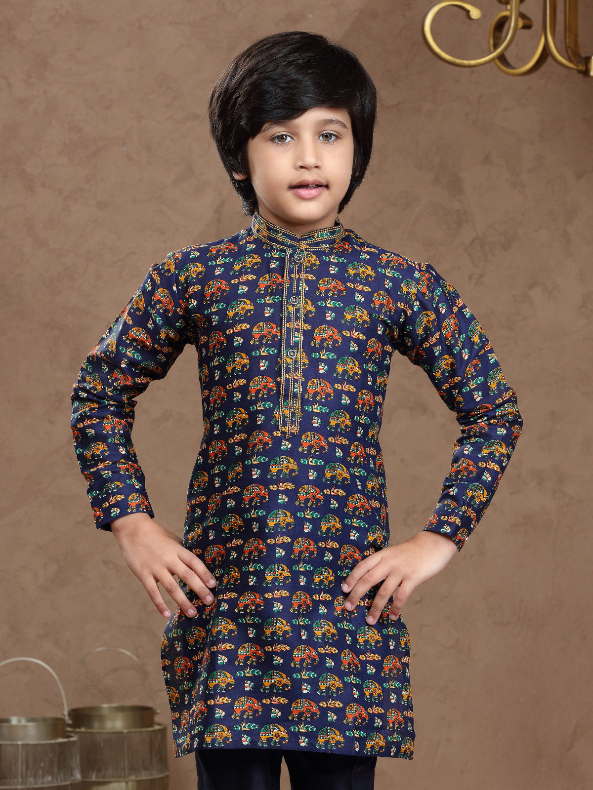 Navy printed cotton silk chinese kurta set