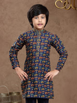 Navy printed cotton silk chinese kurta set