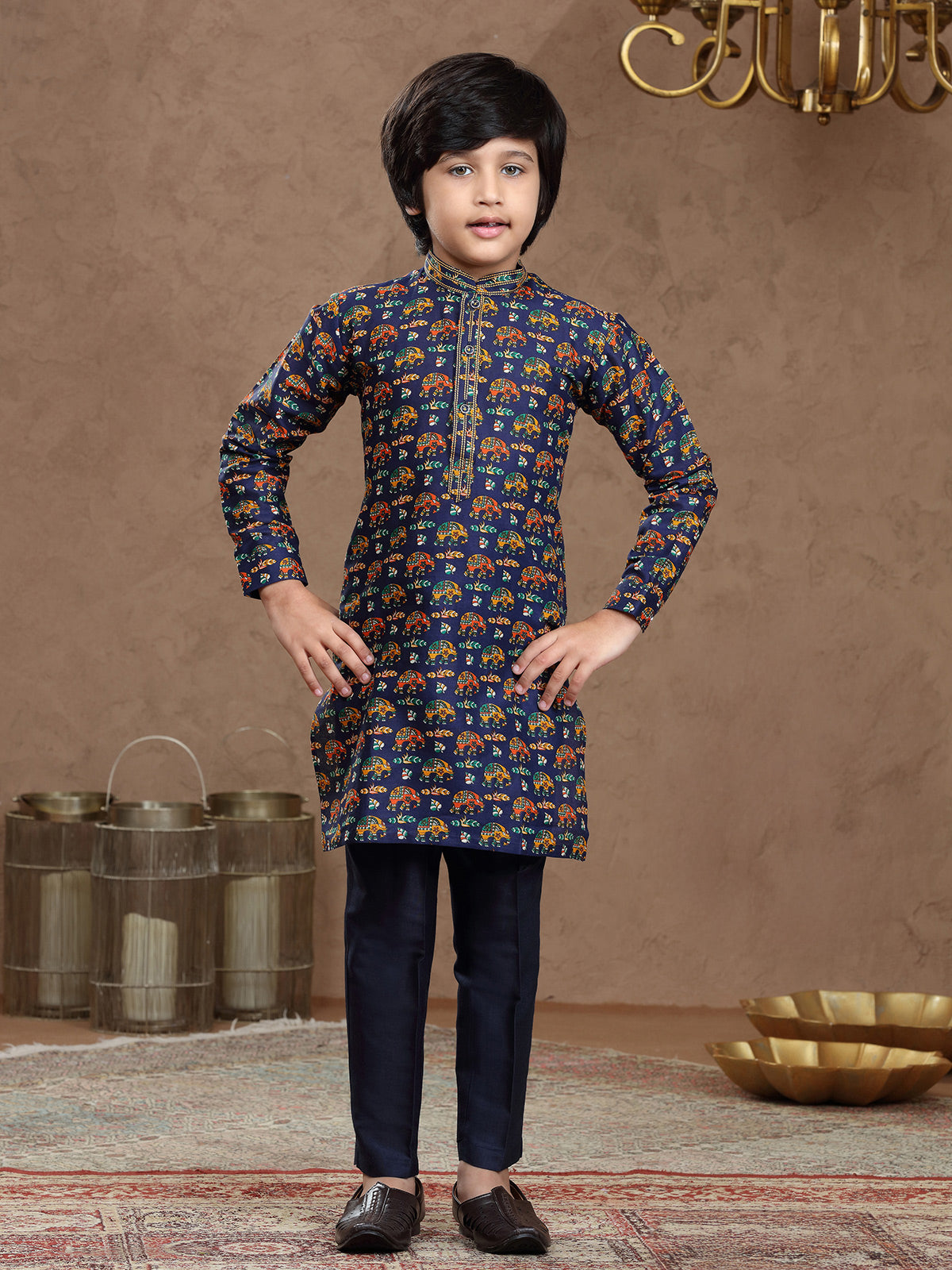 Navy printed cotton silk chinese kurta set