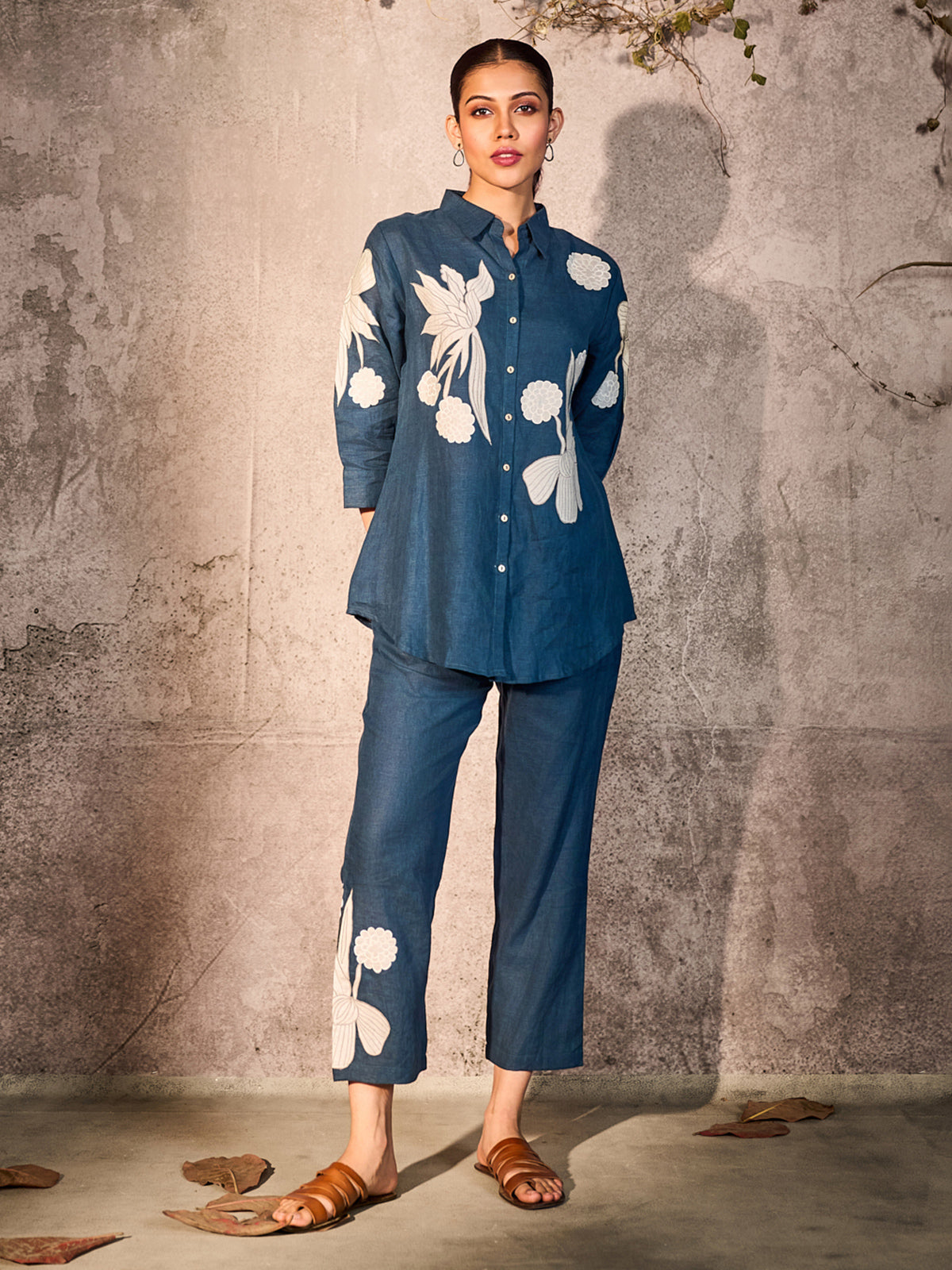 Navy printed cotton silk co ord set for women