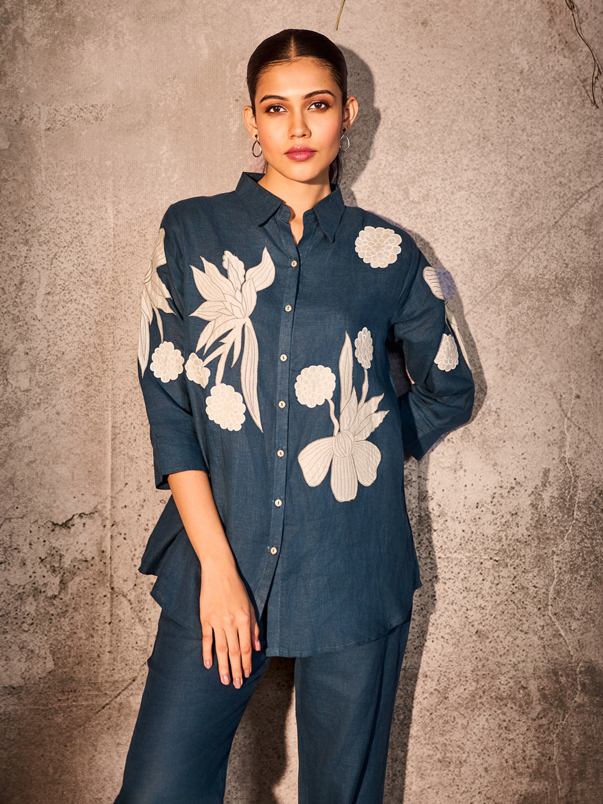 Navy printed cotton silk co ord set for women