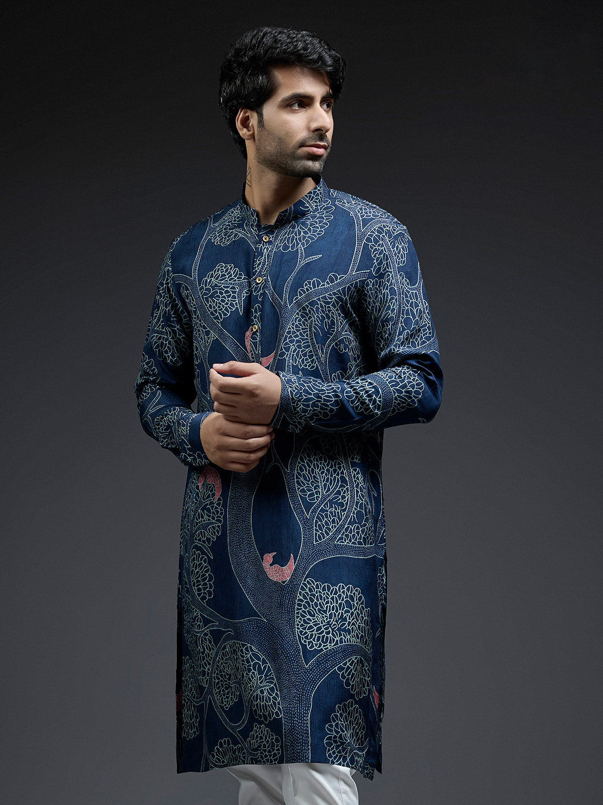 Navy silk kurta suit in tree printed design for men