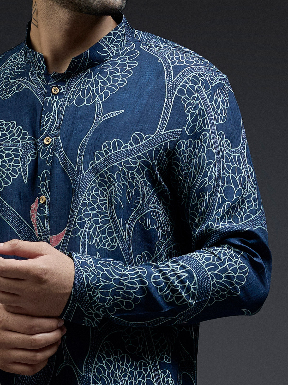 Navy silk kurta suit in tree printed design for men