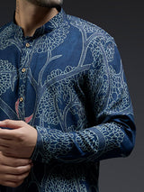 Navy silk kurta suit in tree printed design for men