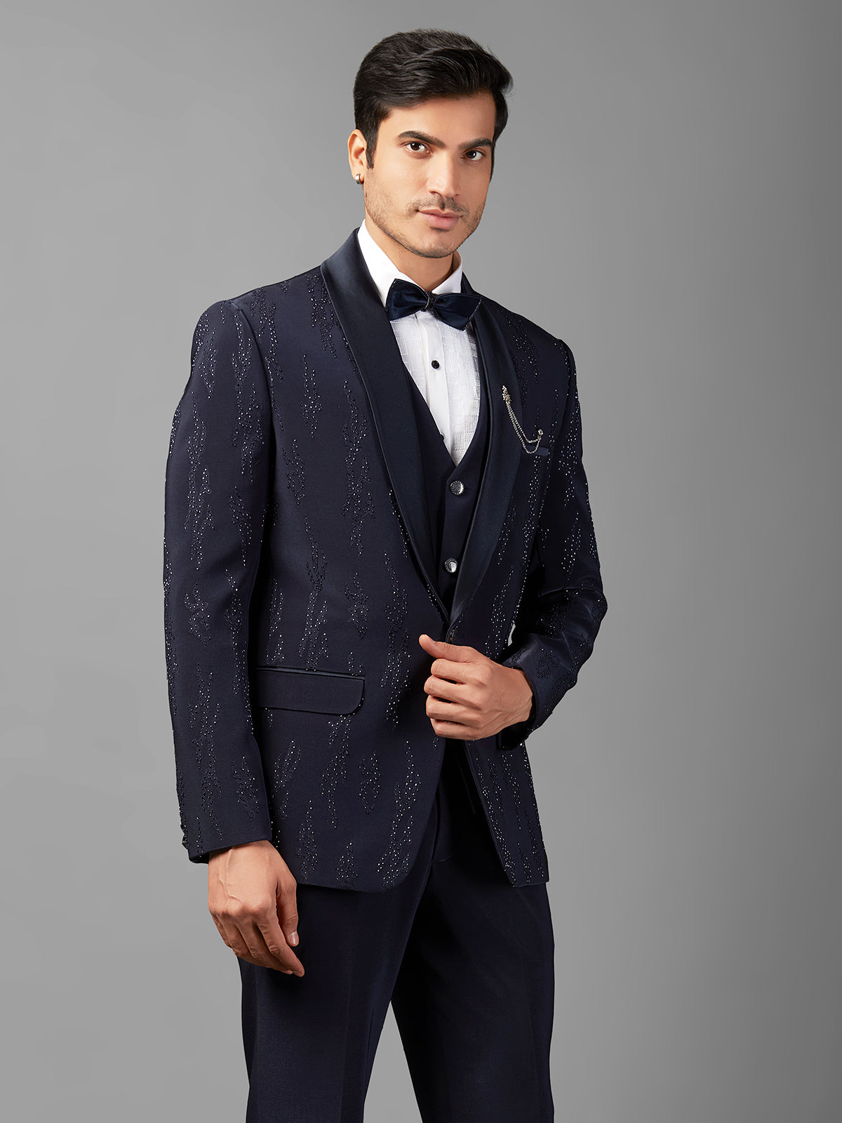 Navy terry rayon embellished coat suit