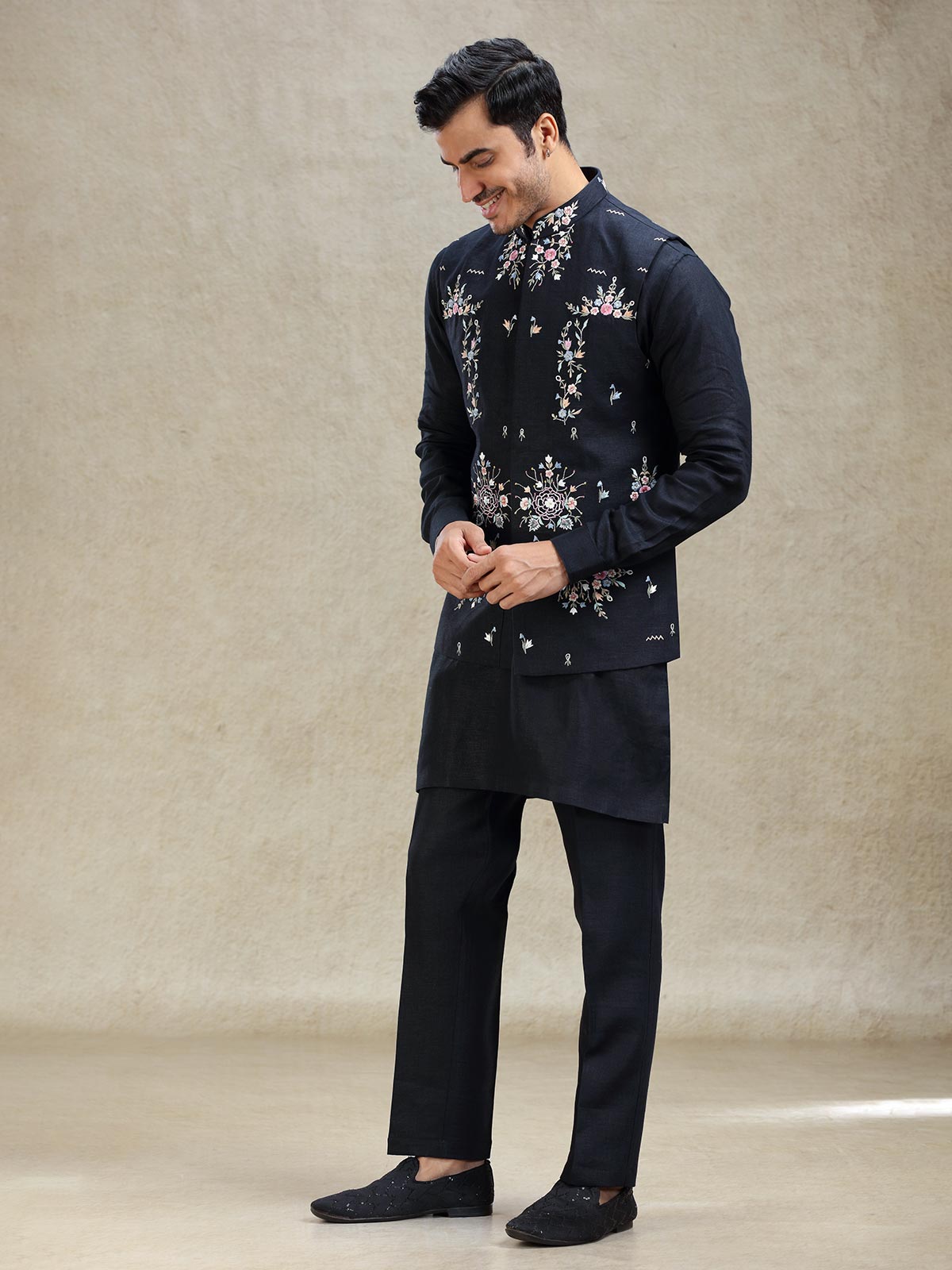 Navy timeless linen waistcoat set with embroidery work
