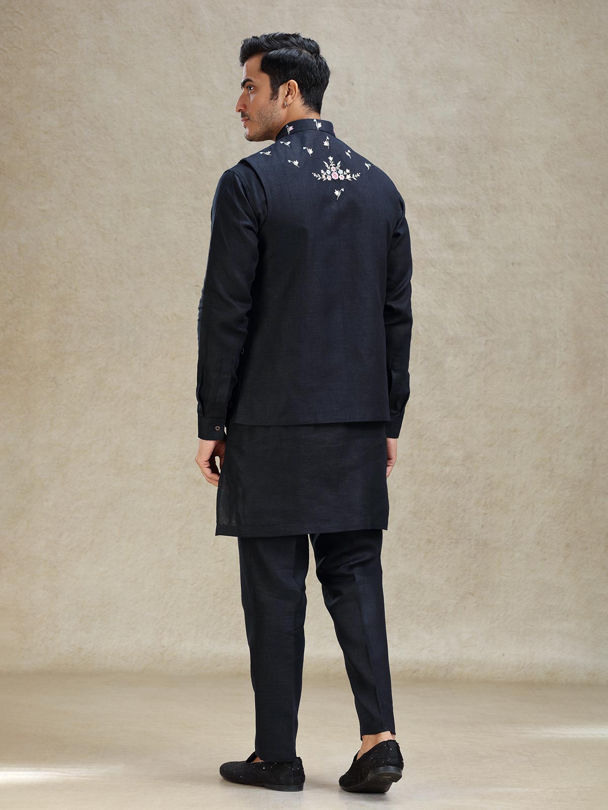 Navy timeless linen waistcoat set with embroidery work