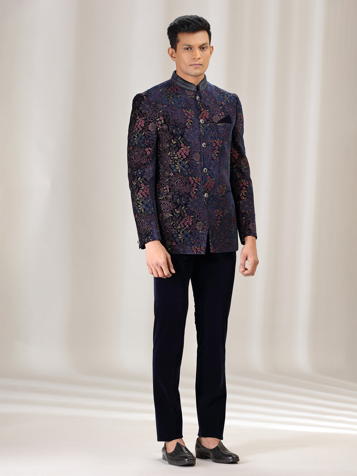 Navy velvet jodhpuri suit with embroidery for men