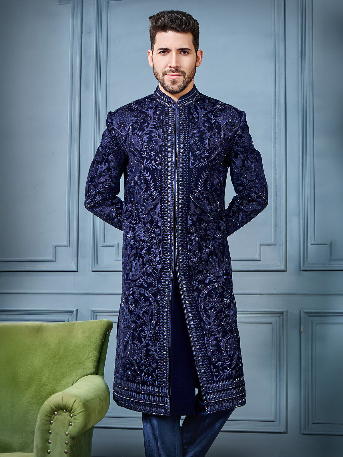 Navy velvet long indo western set for reception