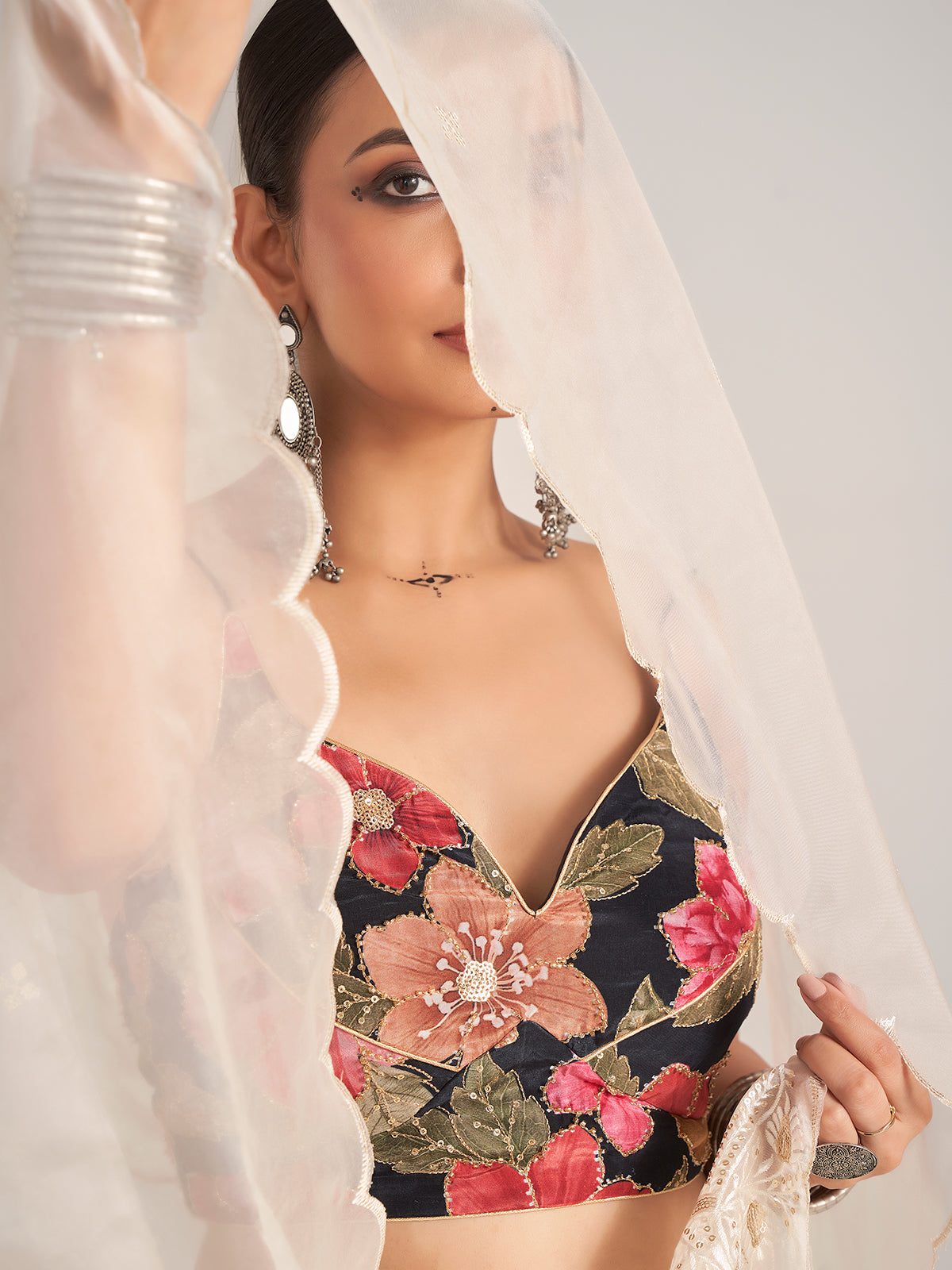 Off white and black chaniya choli with dupatta