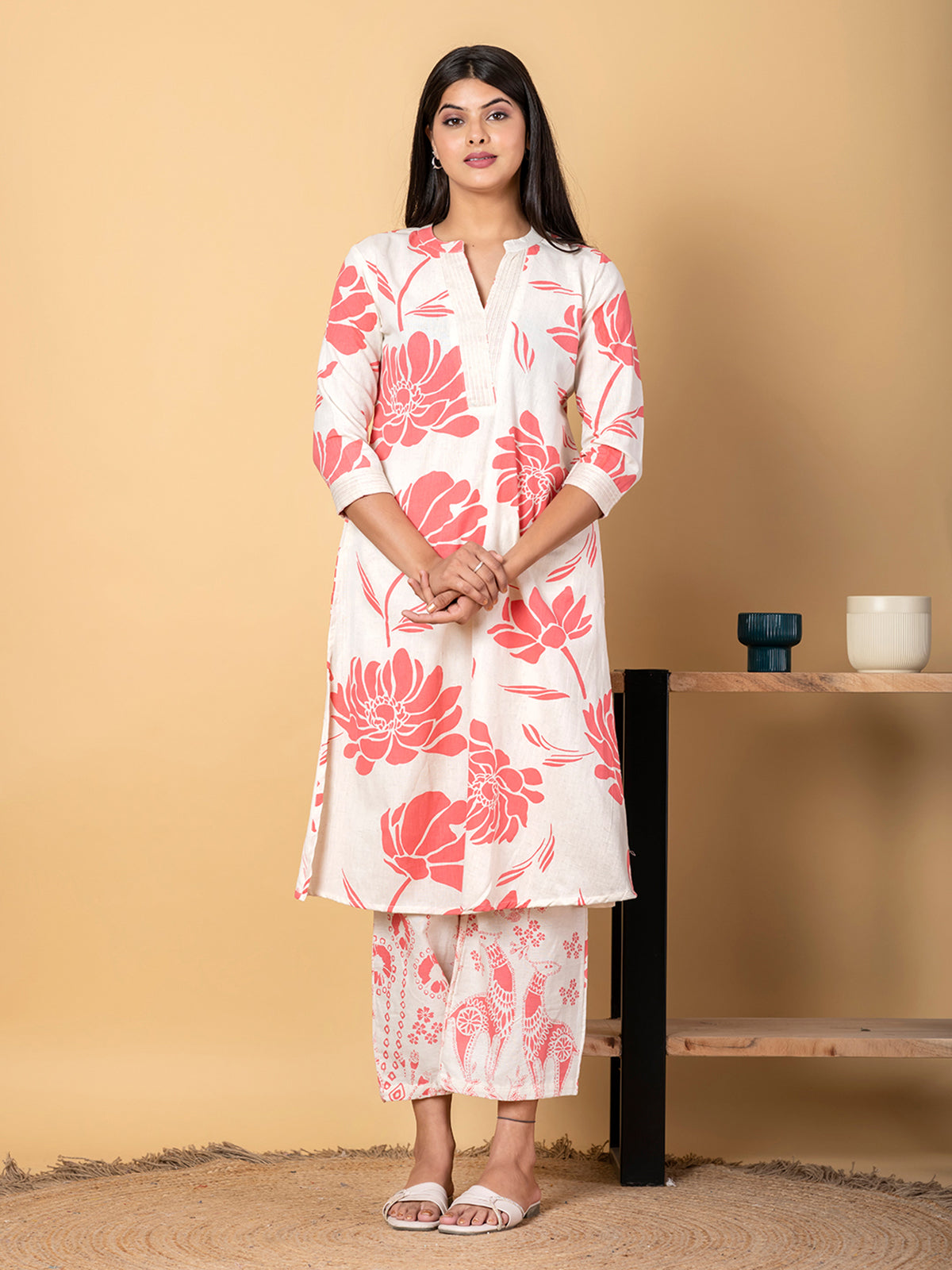 Off white and peach cotton silk printed kurti palazzo set
