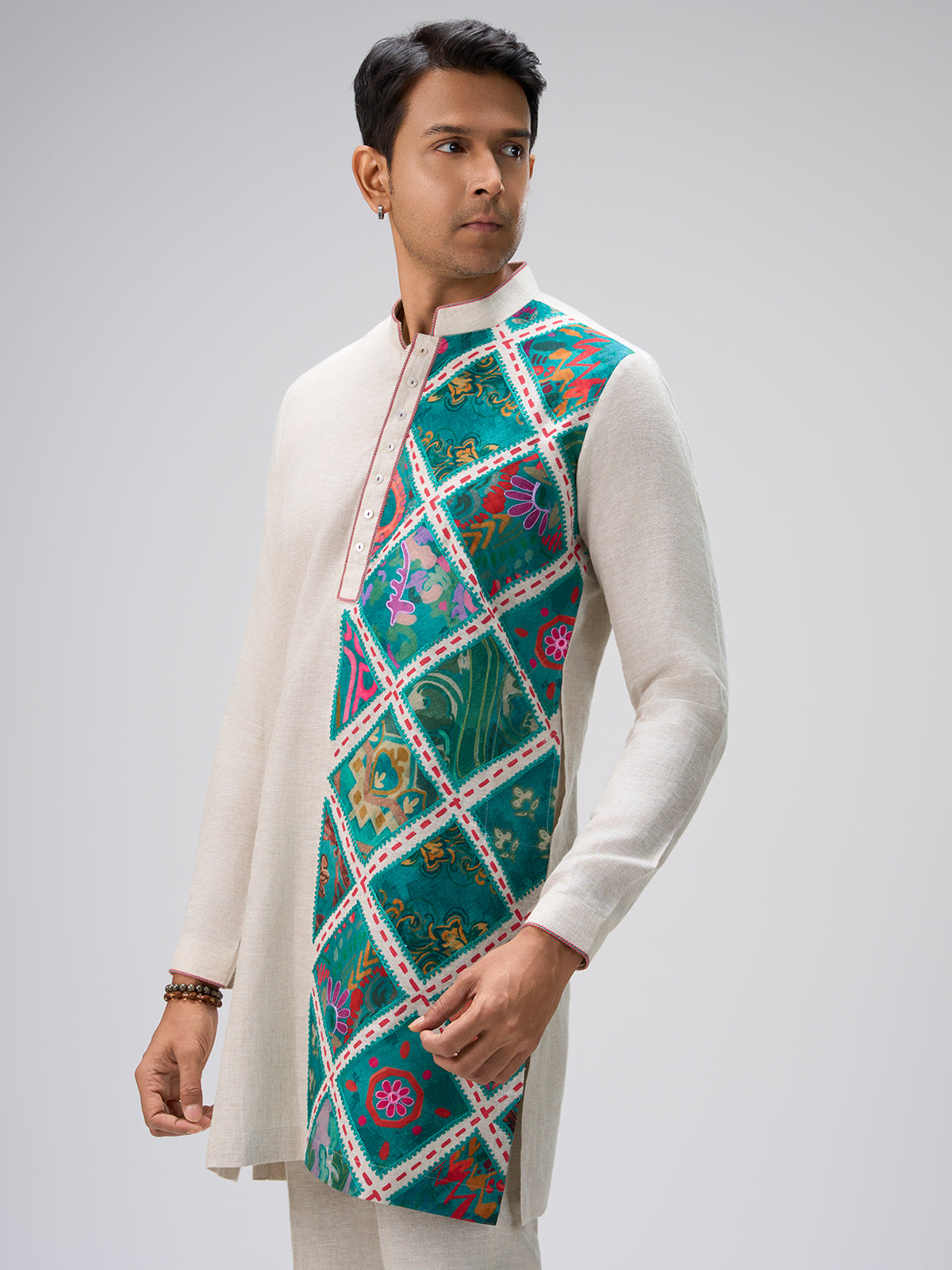 Off white blue patch kurta pajama men